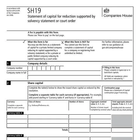 Document preview: How to Complete SH19 Statement of Capital for Capital Reduction — Business