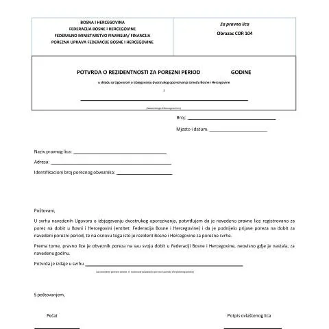 Document preview: Razumijevanje POTVRDE O REZIDENTNOSTI PRAVNIH LICA — Porezi i fiskalnost (CERFA n°Obrazac COR-104)