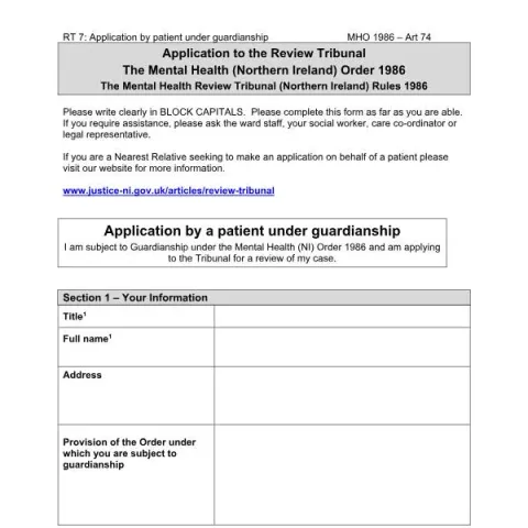 Document preview: Guide to RT 7: Guardianship Review Application in Northern Ireland — Legal & justice (Review Tribunal Form 7)