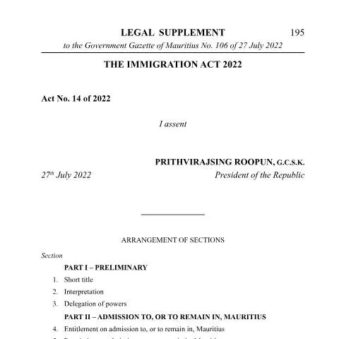 Document preview: Overview of Mauritius Immigration Act 2022 — Immigration & visas (CERFA n°Immigration-Act-2022)
