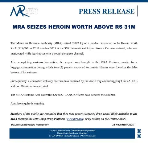 Document preview: MRA's Significant Heroin Seizure at SSR International Airport — Government & admin (PressRelease281125)
