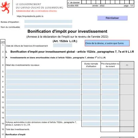 Aperçu du document Comprendre la bonification d'impôt pour investissement au Luxembourg — Impôts & fiscalité (CERFA n°800 F)