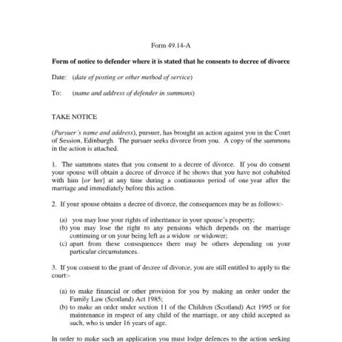 Document preview: Scottish Divorce Consent Notice Form 49.14-A — Legal & justice (4914/A)