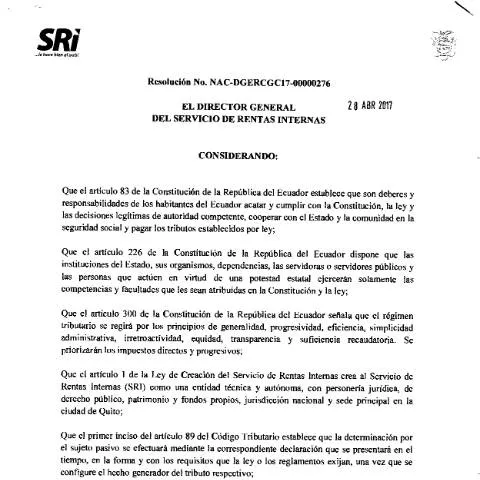 Vista previa del documento Información clave sobre la resolución del IVA en Ecuador — Impuestos (CERFA n°Resoluci�n+No.+NAC-DGERCGC17-00000276)