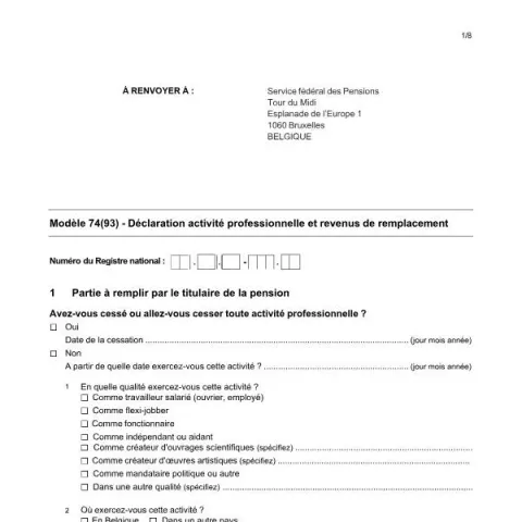 Aperçu du document Déclaration d'activité et revenus pour pensionnés en Belgique — Retraite & pension (Modèle 74(93))