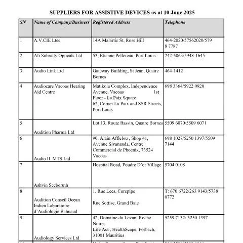 Document preview: Essential Suppliers for Assistive Devices in Mauritius — Government & admin (LIST-OF-REGISTERED-SUPPLIERS-FOR-ASSISTIVE-DEVICES-as-at-10.06.2025)