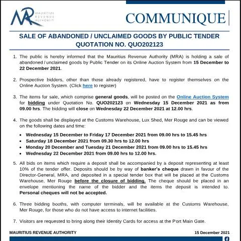 Document preview: Understanding the Sale of Unclaimed Goods in Mauritius — Government & admin (CommuniqueQUO202123)