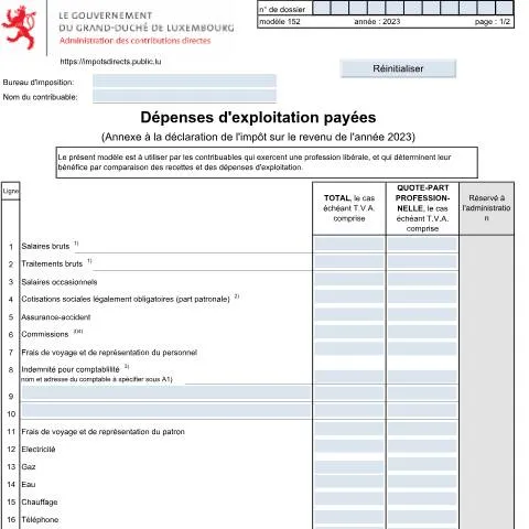 Aperçu du document Guide sur l'Annexe 152 pour les professionnels libéraux au Luxembourg — Impôts & fiscalité (CERFA n°152)