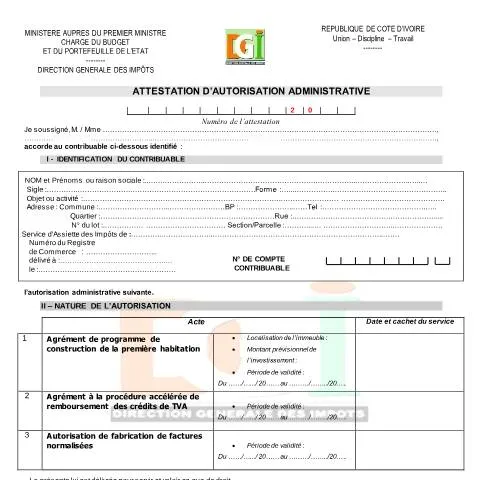 Aperçu du document Comprendre l'Attestation d'Autorisation Administrative en Côte — Démarches administratives