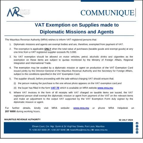 Document preview: VAT Exemption Details for Diplomatic Missions in Mauritius — Taxes (CERFA n°CommuniqueVAT7E020724)