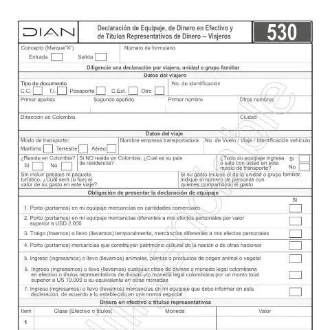 Vista previa del documento Requisitos para la Declaración de Equipaje y Dinero en Colombia 2025 — Aduanas y comercio (CERFA n°F530-2025)