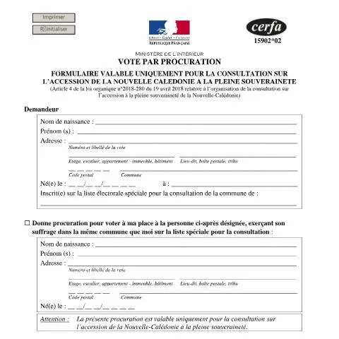 Aperçu du document Procuration pour la consultation calédonienne : démarches et enjeux — Démarches administratives (CERFA n°15902*02)
