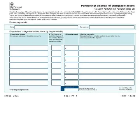 Document preview: Partnership Asset Disposal Reporting: SA803 Form Requirements — Taxes