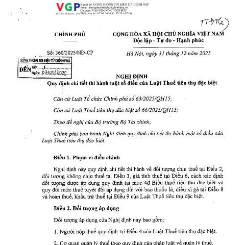 Document preview: Nghị Định 360/2025/NĐ-CP: Quy Định Chi Tiết Về Thuế Tiêu Thụ Đặc Biệt — Thuế & tài chính (CERFA n°360/2025/NĐ-CP)