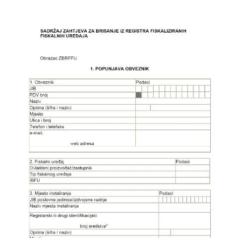 Document preview: Sve o zahtjevu za brisanje fiskalnih uređaja — Pravno i pravda (CERFA n°ZBRFFU)