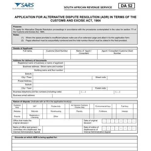 Document preview: Navigating the DA 52 Form for ADR in South Africa — Government & admin (CERFA n°DA 52)