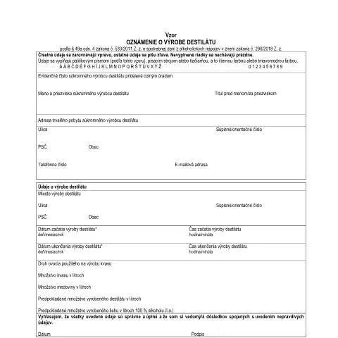 Document preview: Formulár OZN_SVDv19 pre výrobcov destilátov — Administratívne úkony (CERFA n°OZN_SVDv19)