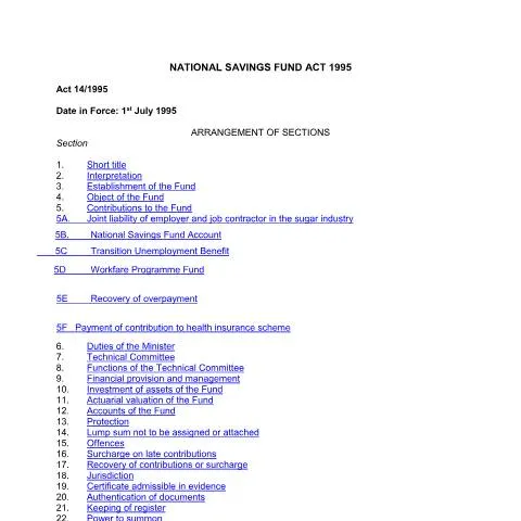 Document preview: Understanding the Mauritius National Savings Fund Act 1995 — Benefits & social aid (CERFA n°NATIONAL-SAVINGS-FUND-ACT-1995)