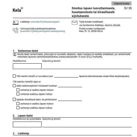 Document preview: Lapsen suojelu ja Kela SV 95 -lomake — Perhe (CERFA n°Kela SV 95)
