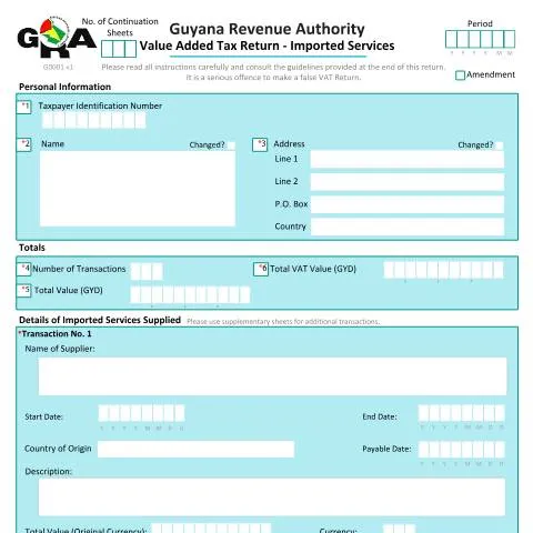 Document preview: Understanding the G0001 VATIS v1 Form for Imported Services in Guyana — Taxes