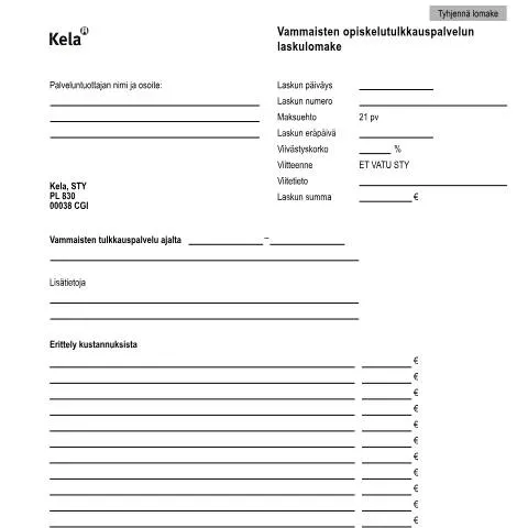 Document preview: Vammaisten opiskelutulkkauspalvelun TU 54 - Laskulomake — Tuet & sosiaalietuudet (CERFA n°Kela TU 54)