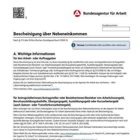 Dokumentvorschau: Nebeneinkommen Bescheinigung für Arbeitslosengeldbezieher — Arbeit & Beschäftigung (CERFA n°bescheinigung-nek_ba037365)