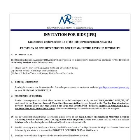 Document preview: Bid Invitation for Security Services at Mauritius Revenue Authority — Government & admin (NoticeSecurity081015)