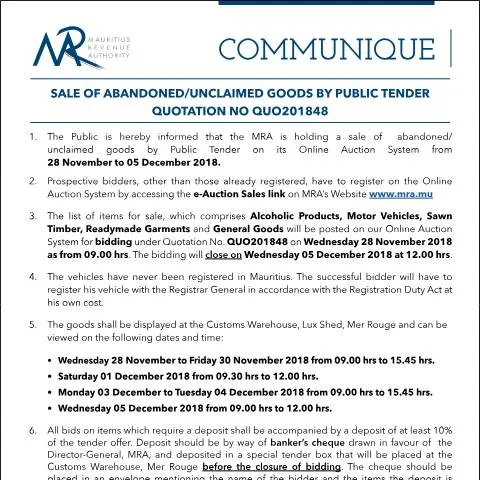 Document preview: Understanding the Auction of Unclaimed Goods in Mauritius — Government & admin (Communique48of2018)