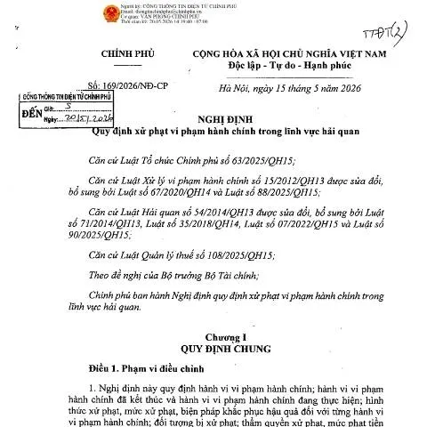 Document preview: Quy định xử phạt vi phạm hành chính trong lĩnh vực hải quan — Thủ tục hành chính (CERFA n°169/2026/NĐ-CP)