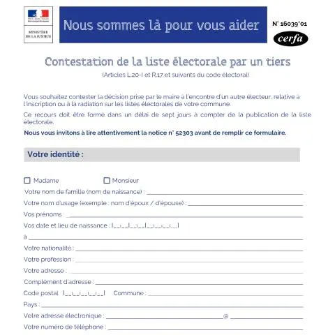 Aperçu du document Procédure de contestation d'une inscription électorale par un électeur — Démarches administratives (CERFA n°16039*01)