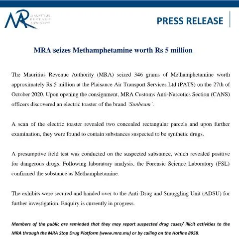 Document preview: MRA's Major Drug Seizure: A Win Against Trafficking — Government & admin (PressRelease1070225)
