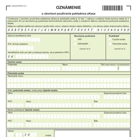 Document preview: Krok za krokom: Oznámenie o ukončení pokladnice eKasa — Administratívne úkony (CERFA n°OZNoUPPEKKv19)