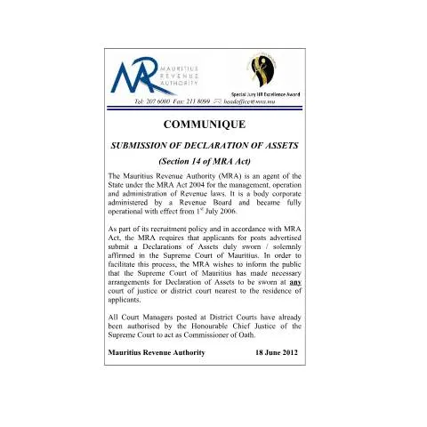 Document preview: Understanding the Submission of Declaration of Assets in Mauritius — Taxes (CERFA n°CommuniqueDeclarationOfAssets)