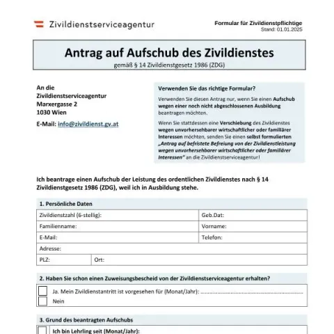 Dokumentvorschau: Zivildienst-Aufschub beantragen in Österreich — Behörden & Verwaltung (Antrag auf Aufschub)