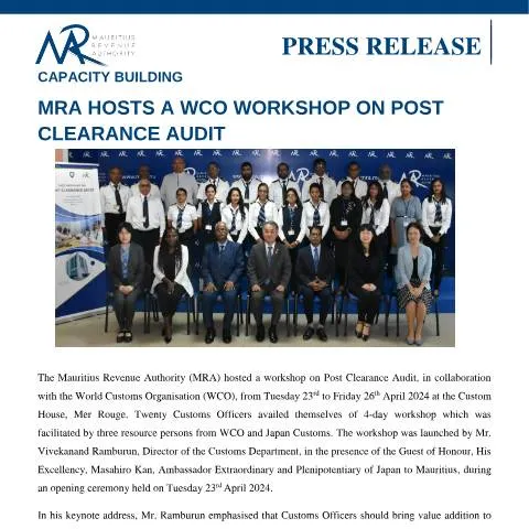 Document preview: Enhancing Customs Skills: MRA's WCO Workshop Insights — Government & admin (PressRelease260424)