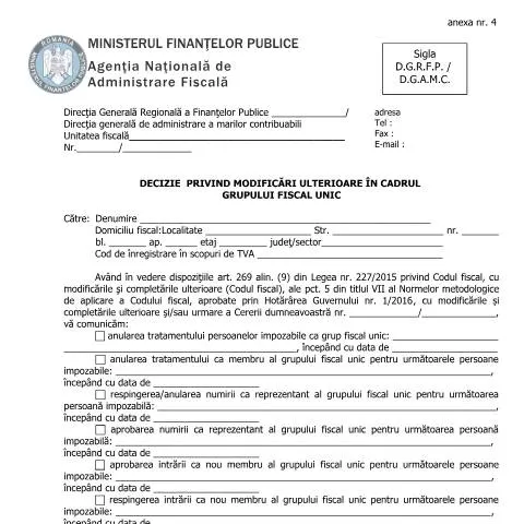 Document preview: Modificări în Grupul Fiscal Unic: Decizia OPANAF 3006/2016 — Impozite & fiscalitate (CERFA n°A4_OPANAF_3006_2016)