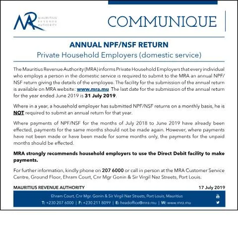 Document preview: Key Responsibilities of Private Household Employers in Mauritius — Government & admin (AnnualNPFNSF170719)