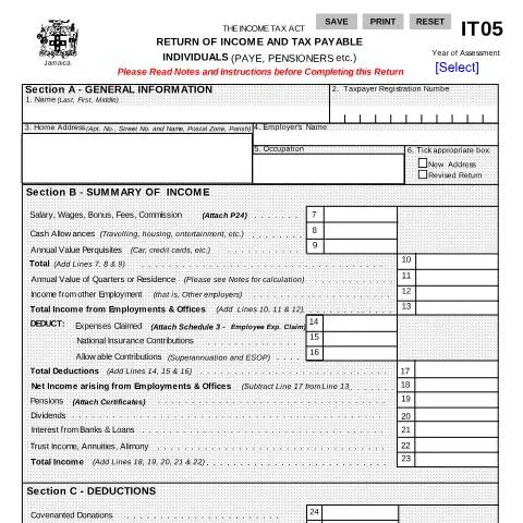 Document preview: Jamaica IT05 2000-2010 Income Tax Form Overview — Government & admin (CERFA n°IT05_2000+to+2010)
