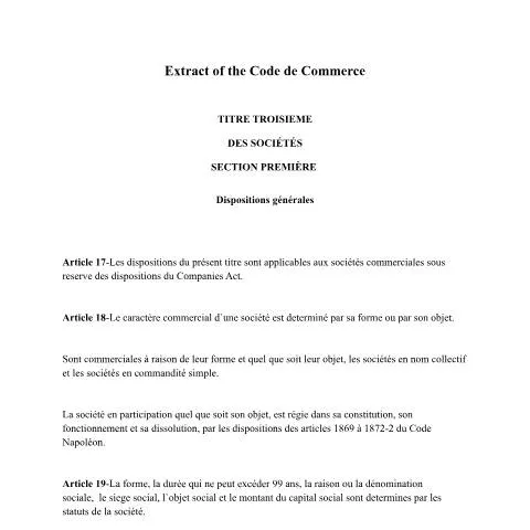 Document preview: Overview of the Mauritius Commercial Code Extract — Legal & justice (CERFA n°Extract-of-the-Code-de-Commerce)