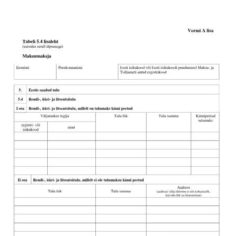 Document preview: Tabeli lisa 5.4 lisaleht - Oluline maksudokument — Maksud ja maksustamine (CERFA n°VORM A TABEL 5.4 LISALEHT)