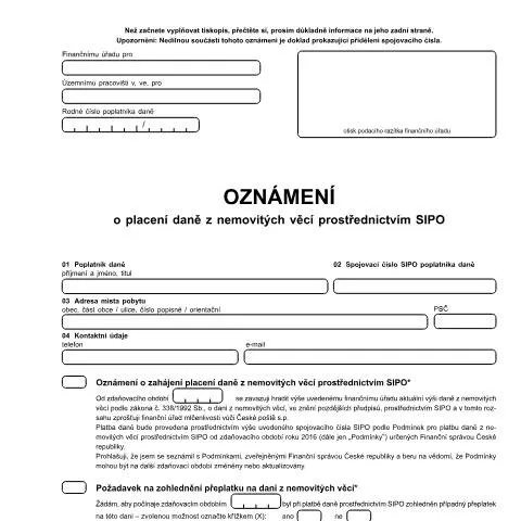 Document preview: Jak vyplnit Oznámení o placení daně z nemovitých věcí SIPO — Daně a fiskální záležitosti (CERFA n°25 5557)