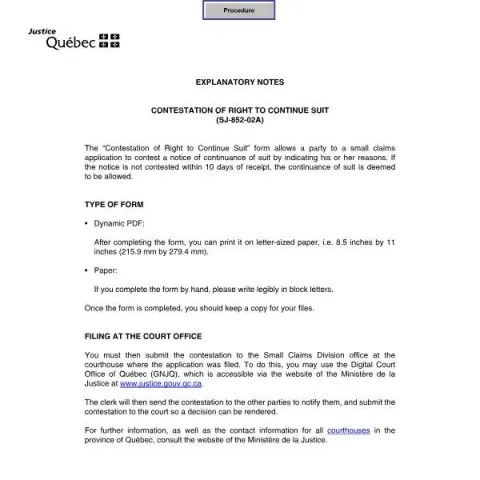 Document preview: How to Contest a Notice to Continue Suit in Quebec Small Claims Court — Legal & justice (SJ-852-02A)