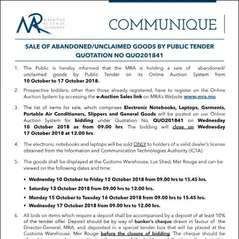 Document preview: Navigate the Sale of Abandoned Goods via Public Tender — Government & admin (Communique41of2018)