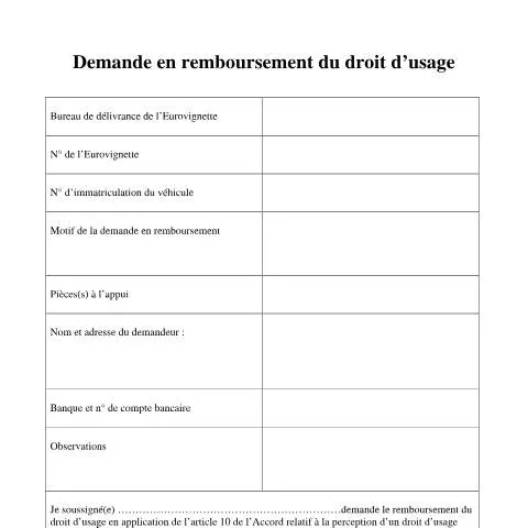 Aperçu du document Guide sur la demande de remboursement du droit d'usage — Démarches administratives (CERFA n°remboursement-evignette)