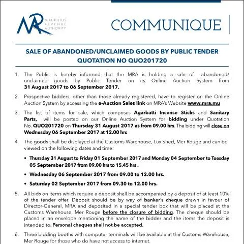 Document preview: Understanding the Public Tender for Abandoned Goods Sale — Government & admin (CommuniqueQ20of2017)