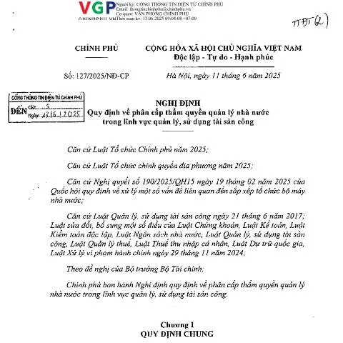 Document preview: Nghị định 127/2025/NĐ-CP: Phân cấp quản lý tài sản công — Thuế & tài chính (CERFA n°127/2025/NĐ-CP)
