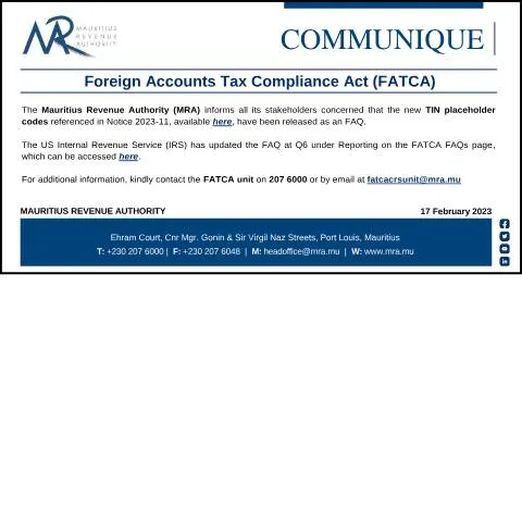 Document preview: Mauritius FATCA: New TIN Code Updates for Improved Compliance — Taxes (CERFA n°CommuniqueFATCA170223)