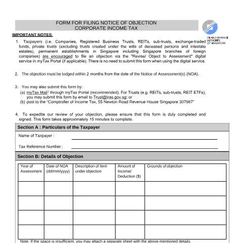 Document preview: Guide to Filing a Notice of Objection with IRAS — Taxes (CERFA n°FORM-FOR-FILING-NOTICE-OF-OBJECTION)