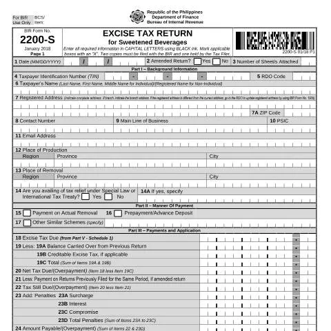 Document preview: Navigating BIR Form No. 2200-S for Sweetened Beverages — Taxes (CERFA n°2200-S)