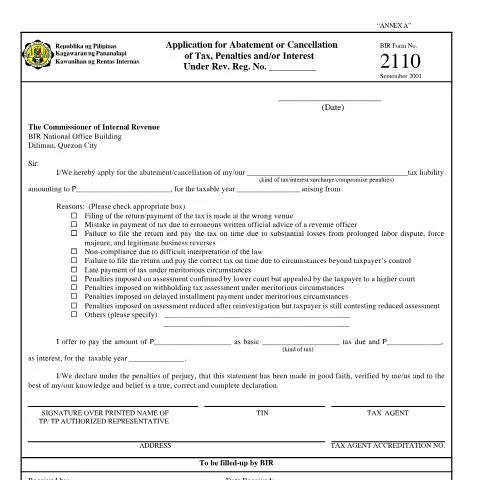 Document preview: Understanding BIR Form No. 2110 for Tax Relief — Government & admin (CERFA n°2110)